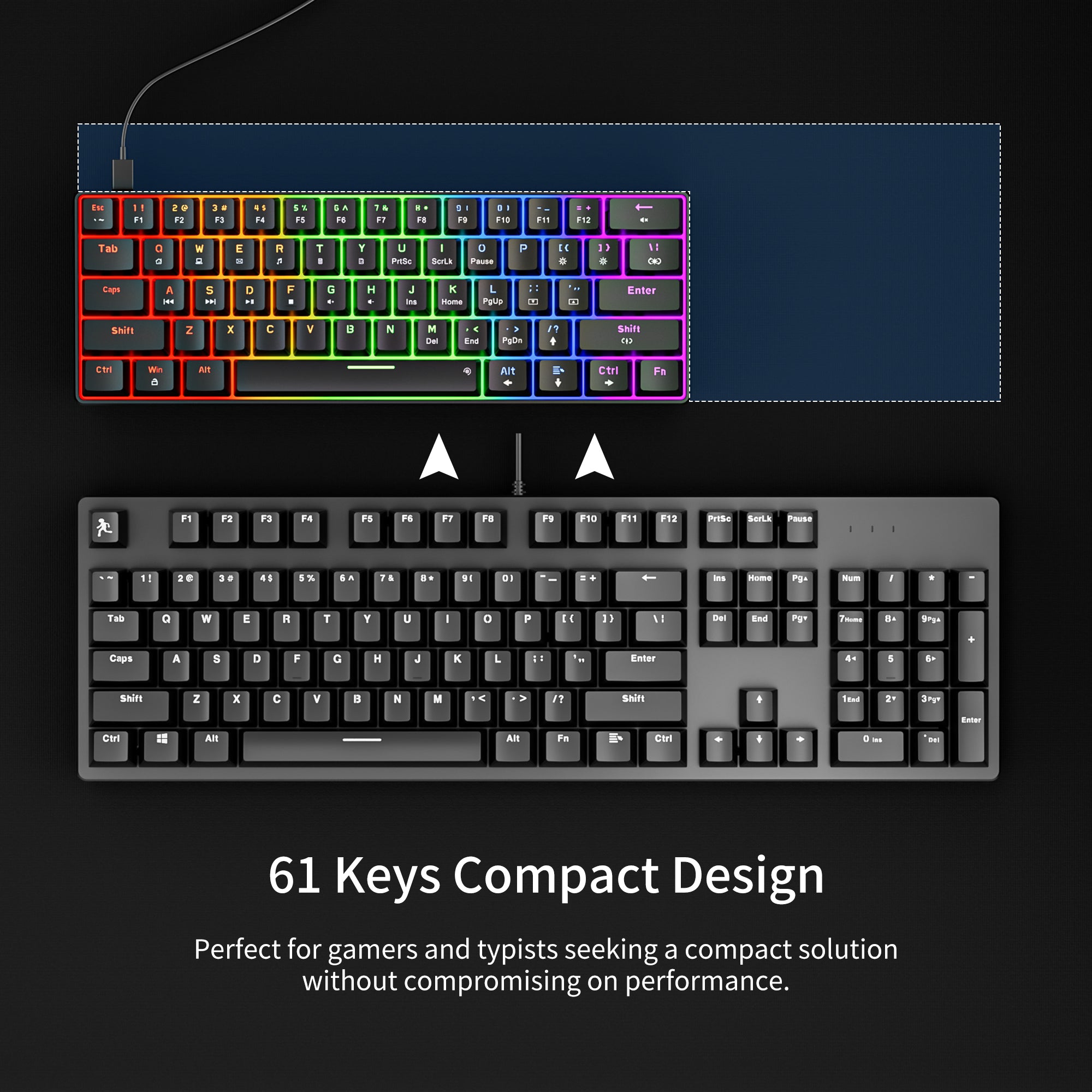 Newmen GM611 Gaming Keyboard,60% Percent Mechanical Keyboard&nbsp;61 Keys&nbsp;LED Backlit&nbsp;&nbsp;&nbsp;Anti-Ghosting Black Keycaps Wired Gaming Keyboard&nbsp;Qwerty for PC, Windows, Gamer, Office, Typist（Red Switches）