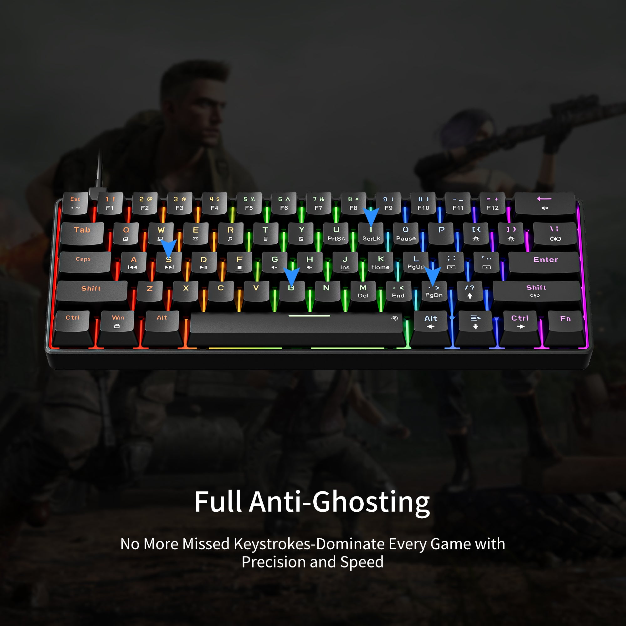 Newmen GM611 Gaming Keyboard,60% Percent Mechanical Keyboard 61 Keys LED Backlit   Anti-Ghosting Black Keycaps Wired Gaming Keyboard Qwerty for PC, Windows, Gamer, Office, Typists（Red Switches）